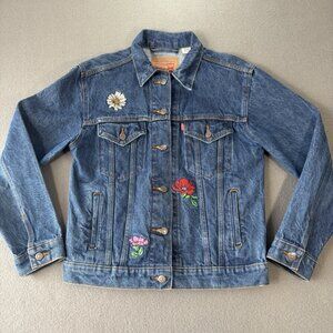 Levi's Ex-Boyfriend Denim Jacket Womens S Floral‎ Embroidered Patch Trucker Coat